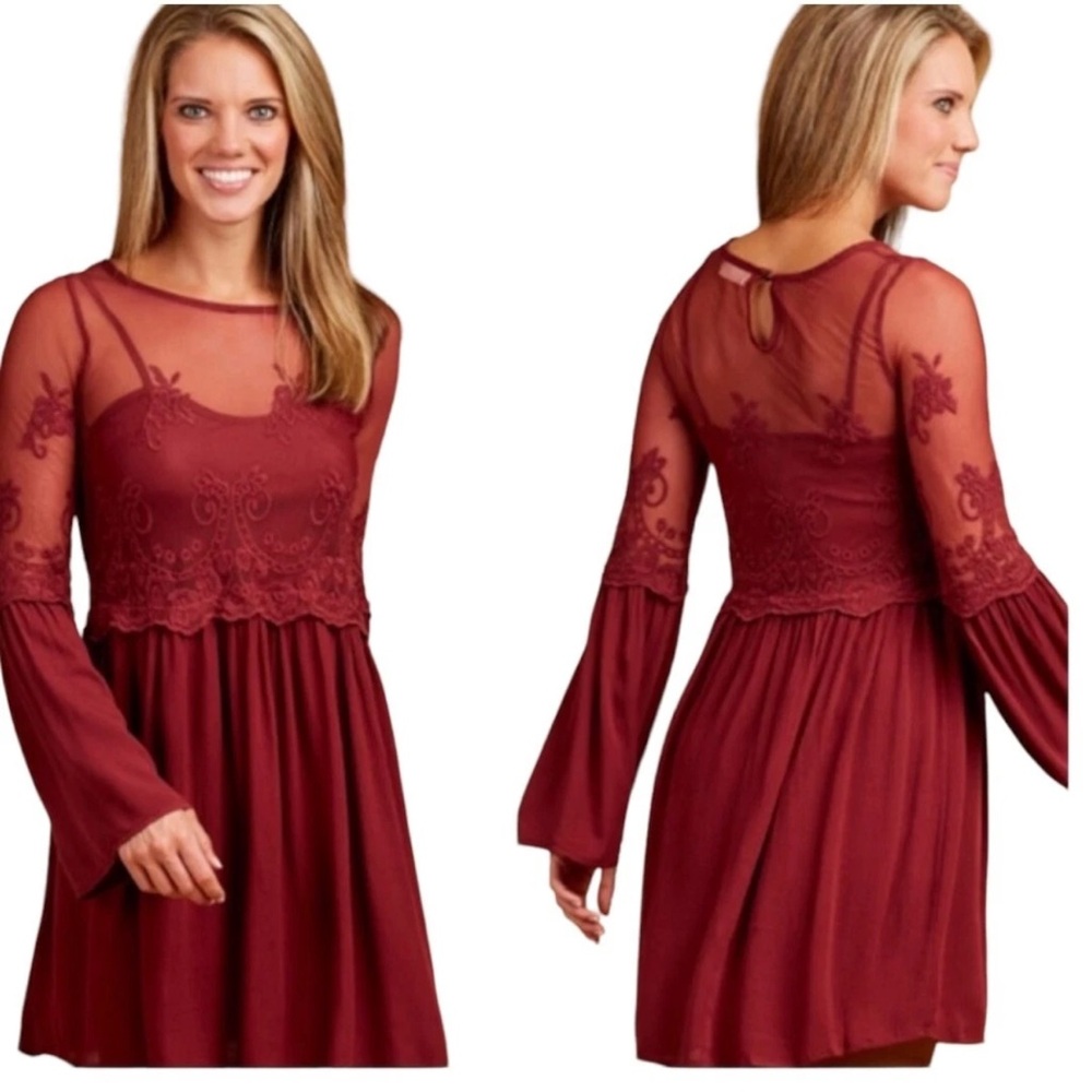 ALTAR’D STATE BELL-SLEEVE DRESS BURGUNDY WOMENS L SHEER MESH BODICE BABYDOLL